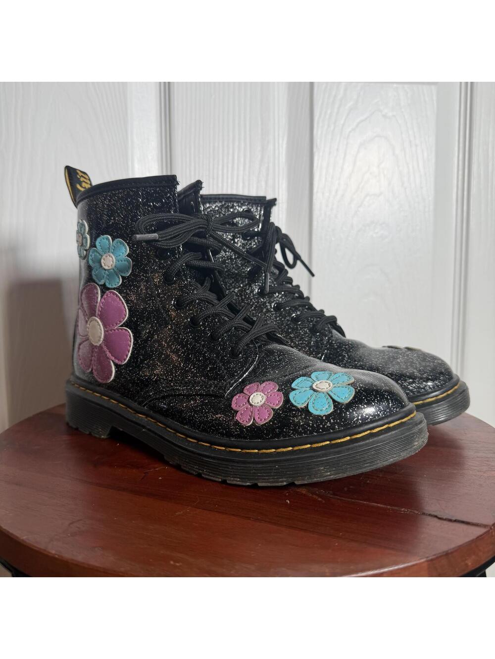 Kids Dr. Martens Black Glitter Floral Patent Leather Punk Girly Combat Boots